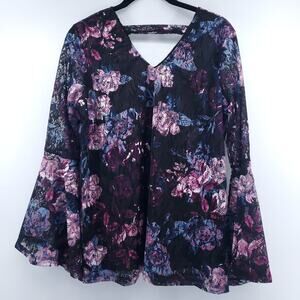 Isela Women's Boho Semi Sheer Floral Blouse Flowy Sheer Lace Flare Bell Sleeve L